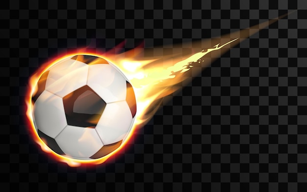 Balón de fútbol volador, ardiendo con fuego. bola de fuego brillante de fútbol sobre fondo transparente.