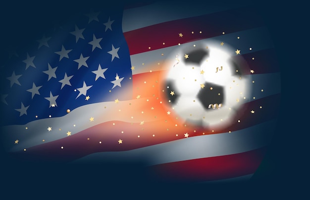 Balón de fútbol volador con bandera de Estados Unidos 3d ilustración vectorial