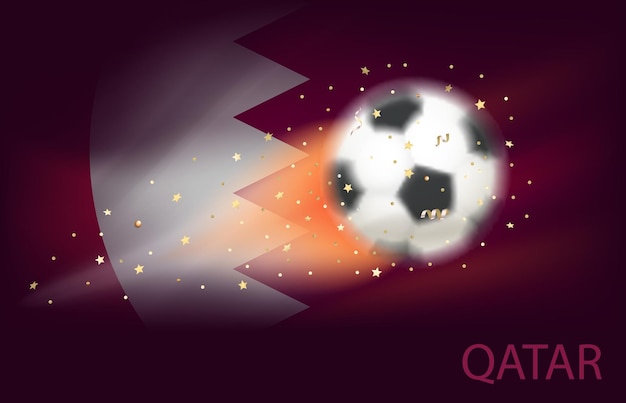 Balón de fútbol volador con ilustración de vector 3d de bandera de qatar