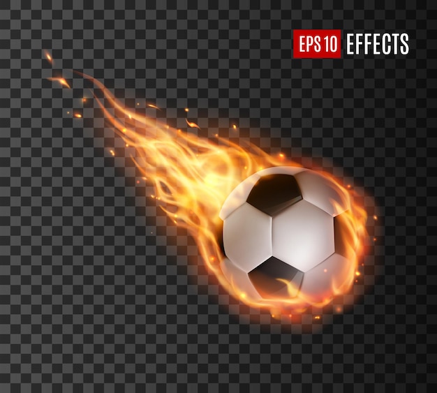 Vector balón de fútbol volando con lenguas de fuego fútbol