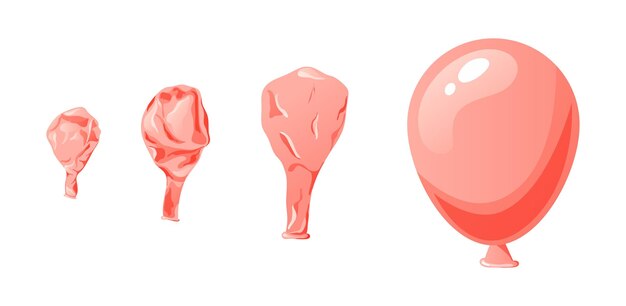 Balón inflable de dibujos animados de varias formas y colores Proceso de soplado de goma vacía Elemento no inflado de látex Ilustración vectorial sobre fondo blanco