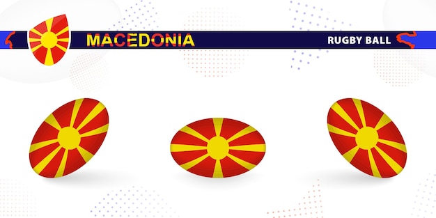 Balón de rugby con la bandera de Macedonia del Norte en varios ángulos sobre fondo abstracto