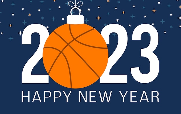 Baloncesto 2023 Feliz Año Nuevo Tarjeta de felicitación deportiva con pelota de baloncesto en el fondo plano Ilustración vectorial