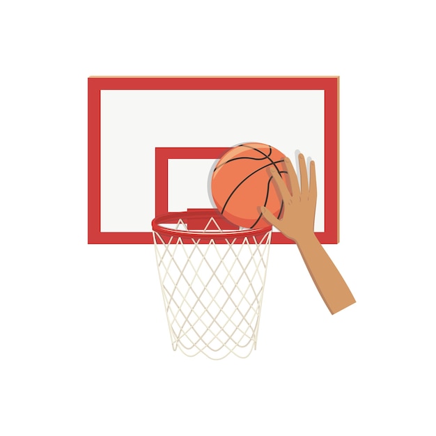 Baloncesto cayendo en el aro de la canasta en el tablero una ilustración de clavada Equipo deportivo con icono de vector de mano