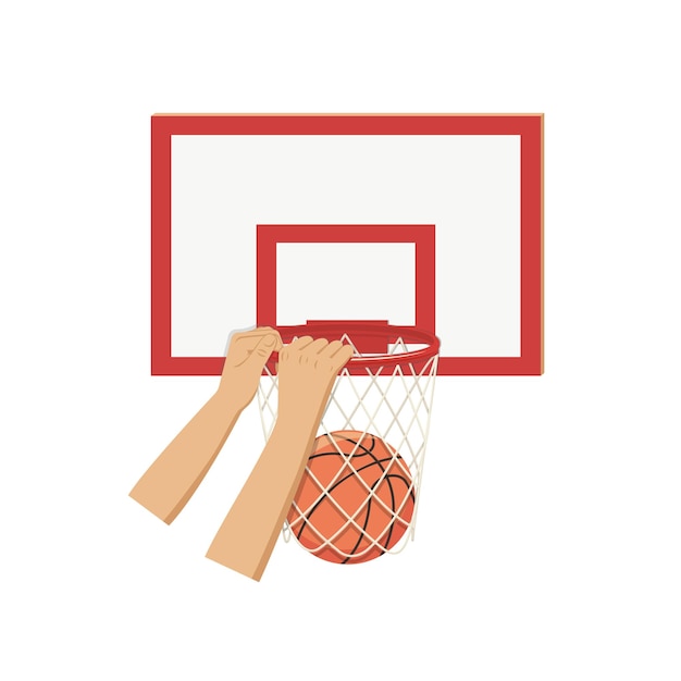 Baloncesto cayendo a través de la red del aro de la canasta en el tablero una ilustración plana de clavada equipo deportivo aislado