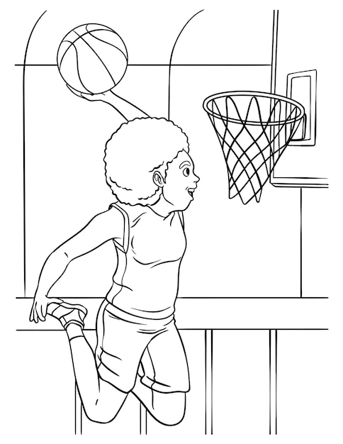 Vector baloncesto chica slam dunk página para colorear para niños