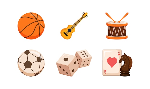 Baloncesto guitarra tambores pelota dados tarjeta Actividades populares que hacemos por diversiónHobby y deporte