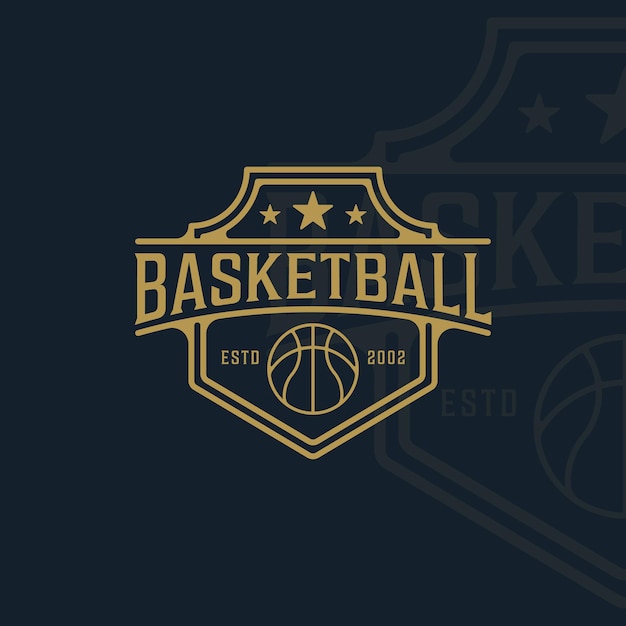 Vector baloncesto logo línea arte simple vector ilustración plantilla icono diseño gráfico. signo o símbolo deportivo para el concepto de liga y competición de equipo o club con placa y estilo tipográfico