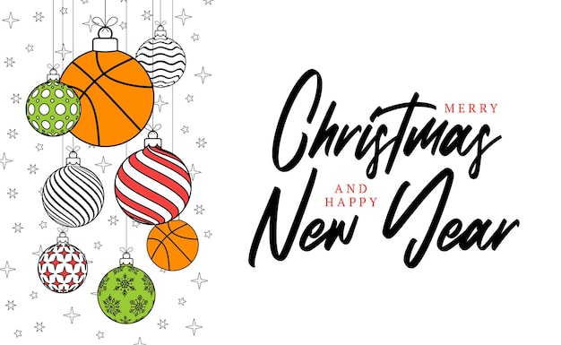 Baloncesto tarjeta de felicitación de navidad en estilo de línea de moda feliz navidad y feliz año nuevo esquema de dibujos animados deportes banner pelota de baloncesto como una bola de navidad sobre fondo blanco ilustración vectorial