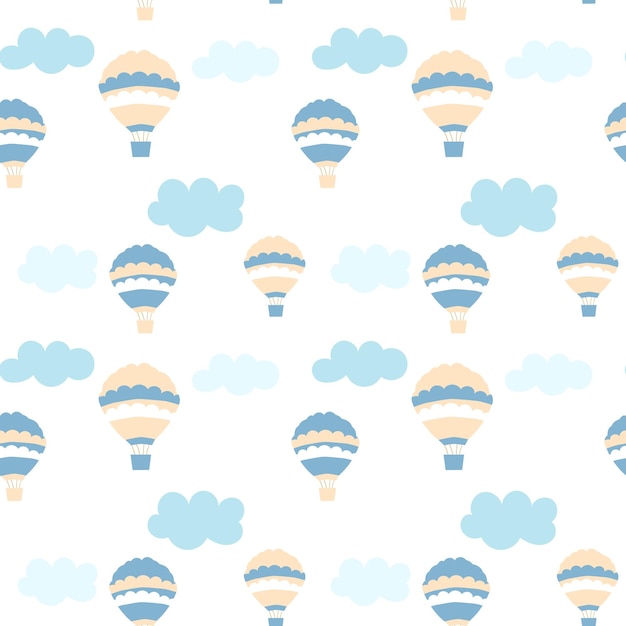 Balones de aire azules y beige en el cielo canasta de nubes de patrón sin costuras