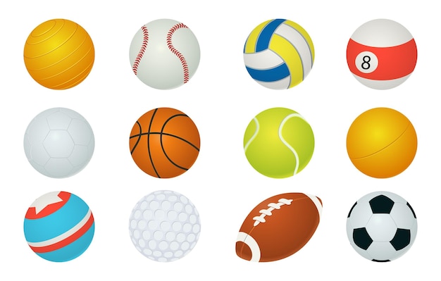 Vector balones deportivos dibujos animados fútbol y béisbol rugby o baloncesto esferas de juego inventario activo de pasatiempos herramientas profesionales para tenis, billar y golf conjunto de vectores de equipos de fitness