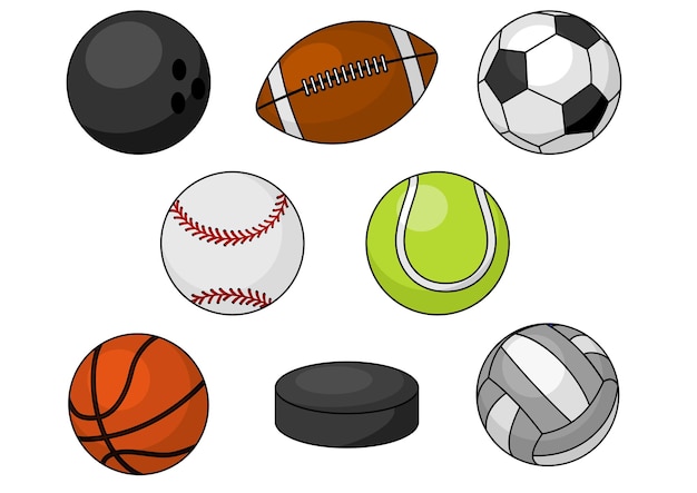 Vector balones deportivos. iconos vectoriales aislados de balones deportivos y elementos de juego en equipo de bolos, fútbol, rugby, fútbol, béisbol, baloncesto, tenis, disco de hockey, voleibol