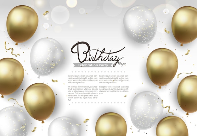 Balones dorados y blancos sobre fondo blanco con la palabra Feliz cumpleaños en el medio