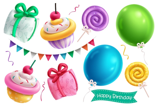 Balones elementos de cumpleaños diseño de conjunto vectorial caja de regalo inflable de cumpleañas taza de pastel piruleta