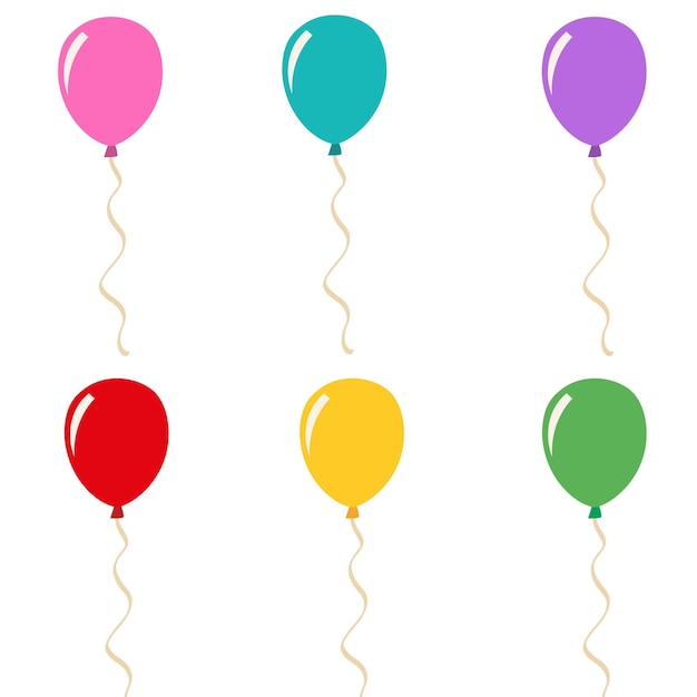 Balones festivos coloridos con cuerdas dispuestas en fila sobre un fondo blanco