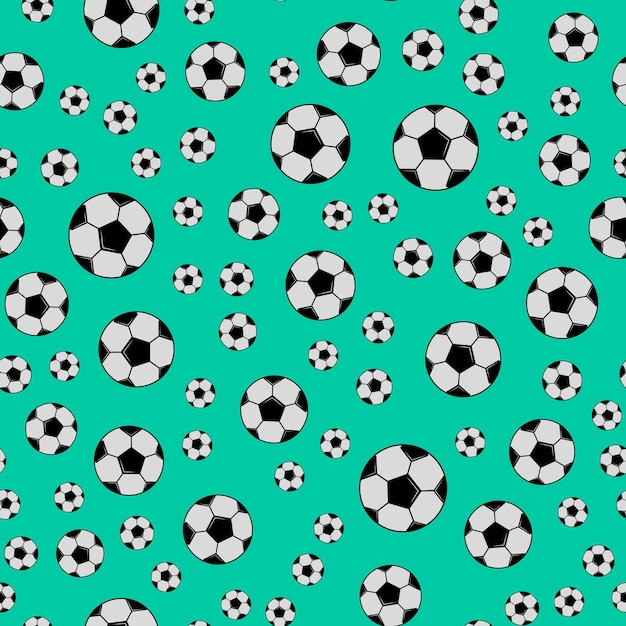Balones de fútbol en blanco y negro sobre fondo verde Patrón sin costuras de fútbol Ilustración de vector de deporte de dibujos animados Plantilla de diseño fácil de editar para sus obras de arte