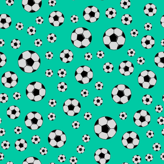 Balones de fútbol en blanco y negro sobre fondo verde patrón sin costuras de fútbol ilustración de vector de deporte de dibujos animados plantilla de diseño fácil de editar para sus obras de arte