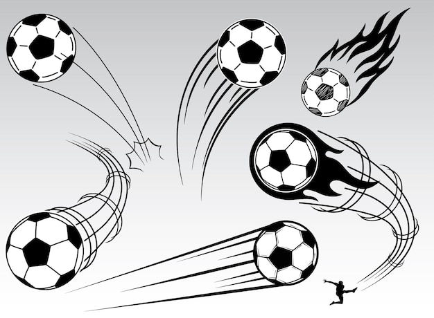 Balones de fútbol o bolas de fútbol en blanco y negro con varias pistas de movimiento ilustración vectorial