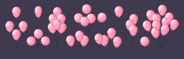 Balones de helio rosados globos de globos brillantes flotantes globos de aire brillantes decoraciones para fiestas de cumpleaños conjunto de ilustraciones vectoriales planas colección de globos de helio lindos