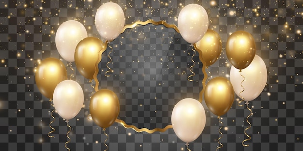 Balones de lujo dorados vectoriales con partículas de luz voladoras