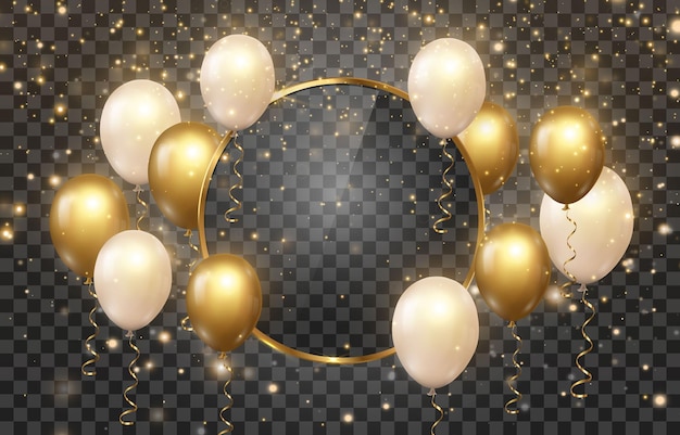 Balones de lujo dorados vectoriales con partículas de luz voladoras