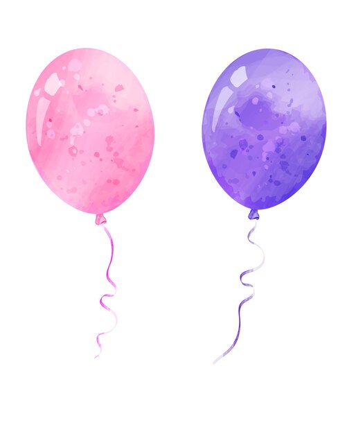 Balones púrpuras y rosas conjunto de elementos de acuarela vectorial para tarjetas de diseño de cumpleaños para niños