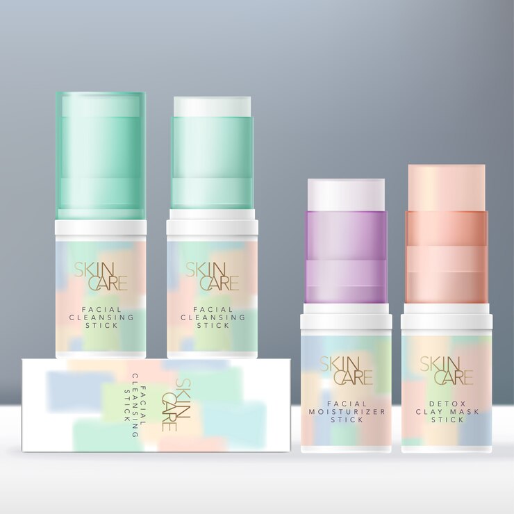 Bálsamo labial, limpiador facial o mascarilla de arcilla de belleza Stick Empaque de tubo semitransparente de color pastel. Diseño de pinturas abstractas en colores pastel.