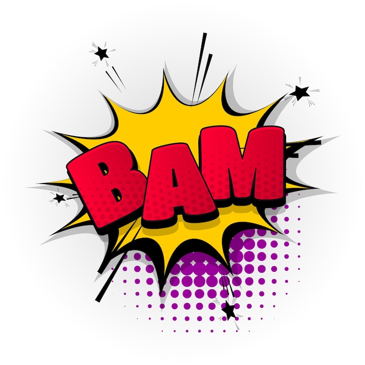 Vector bam boom bang sonido cómic efectos de texto plantilla cómics bocadillo de semitono estilo pop art