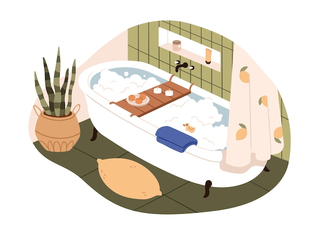 Baña con agua de espuma de jabón para el spa doméstico Interior del baño con bandeja de bañera velas juguete de pato para la relajación Cuarto de lavado acogedor para relajarse Ilustración vectorial plana aislada sobre fondo blanco