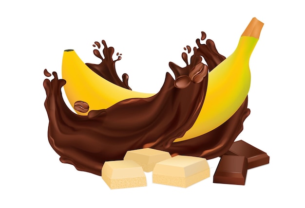 Vector bananas y chocolate combinación de frutas con chocolate oscuro y blanco elemento de diseño de crema para