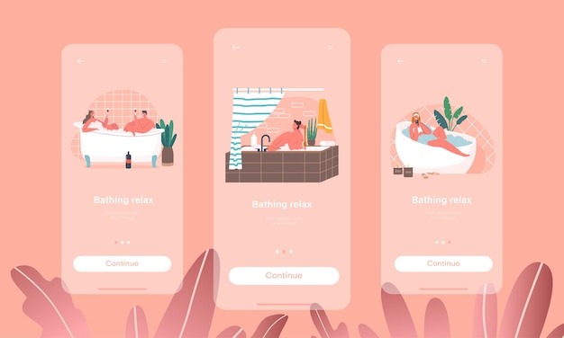 Vector bañarse relajarse página de la aplicación móvil plantilla de pantalla a bordo personajes higiene procedimiento de lavado personas que se duchan en casa o en el baño del hotel concepto de fecha romántica ilustración vectorial de dibujos animados