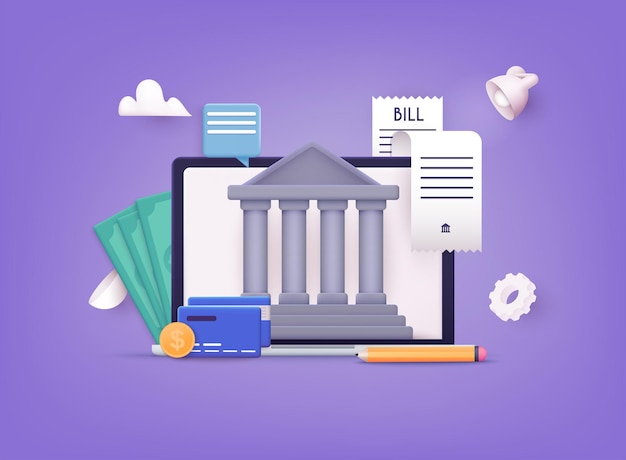 Banca por Internet compras y transacciones transferencias electrónicas de fondos y transferencias bancarias Ilustraciones vectoriales 3D