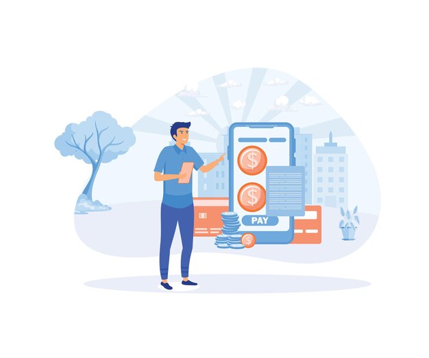 Banca por Internet Hombre paga facturas en línea usando teléfono móvil vector plano ilustración moderna