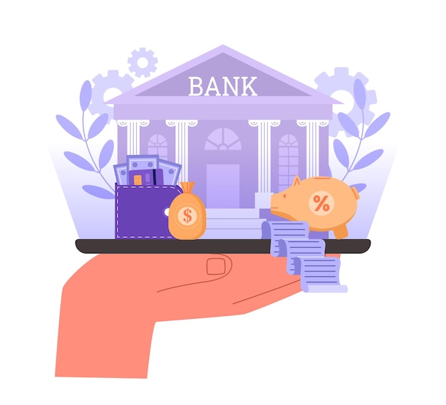 Banca en línea Concepto de gestión de finanzas digitales con banco construcción de billetera de efectivo y caja de ahorros banco de cerdos en ilustración vectorial de aplicación móvil
