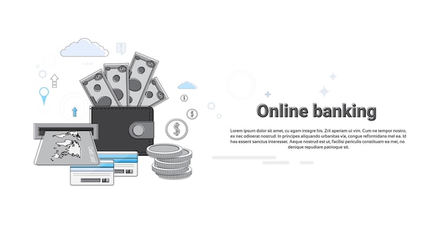 Banca en línea internet pago electrónico dinero tarjeta de crédito monedero ilustración vectorial