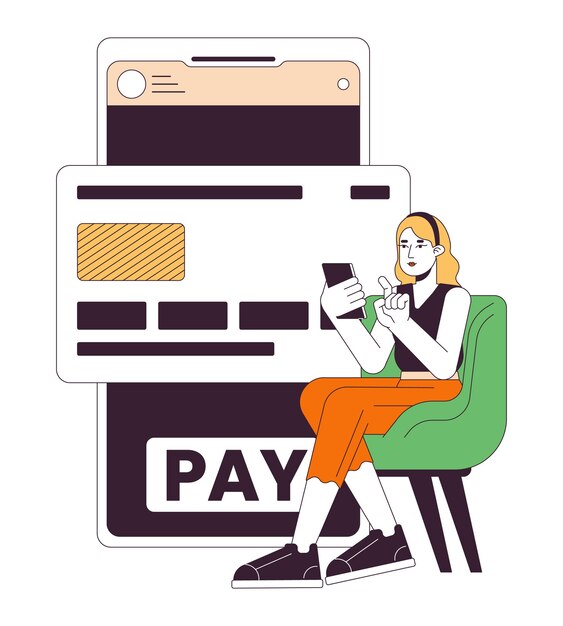 Banca en línea línea plana concepto vector spot ilustración Mujer pagando compras con tarjeta de crédito Personaje de contorno de dibujos animados 2D en blanco para diseño de interfaz de usuario web Imagen de héroe de color aislado editable