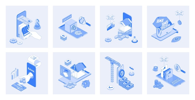 Banca móvil 3d concepto isométrico conjunto con diseños de iconos isométricos para la web Colección de retiro de efectivo en cajeros automáticos acceso a huellas dactilares en la aplicación bancaria gestión de cuentas financieras Ilustración vectorial