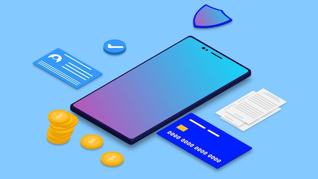 Banca móvil banco digital por Internet y servicio financiero en línea con crédito o débito de teléfono inteligente