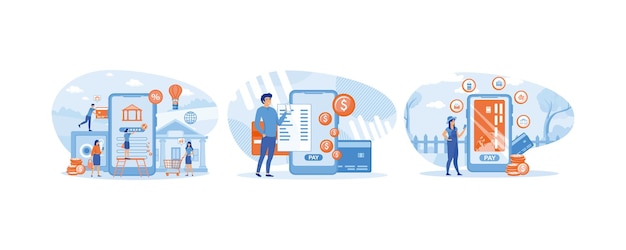 banca móvil y gestión financiera banca por Internet pagar facturas en línea usando su teléfono móvil mano femenina sosteniendo un teléfono con diferentes tipos de pagos establecido vector plano ilustración moderna