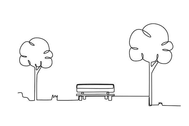 Vector un banco y un árbol a su lado dibujo en línea del jardín