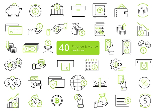 Banco y finanzas conjunto de iconos de negocios y corporaciones signos vectoriales relacionados con el dinero iconos de líneas vectoriales