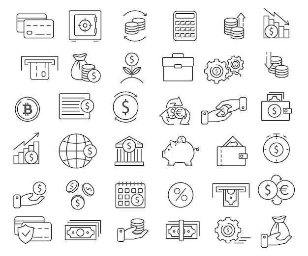 Banco y finanzas conjunto de iconos de negocios y corporaciones signos vectoriales relacionados con el dinero iconos de líneas vectoriales