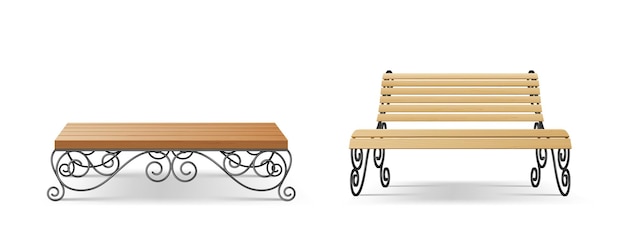 Vector banco de madera o silla de parque, asientos de madera de jardín. mobiliario de asiento realista para el descanso en la calle. objetos de madera para exteriores y exteriores. arquitectura urbana y callejera. ilustración vectorial 3d