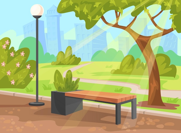 Banco de madera paisaje del parque Bancos lugar de asiento en el parque central de la ciudad fuera de la escena de dibujos animados árbol al aire libre naturaleza y sendero calle camino calle callejón jardín urbano ilustración vectorial ordenada