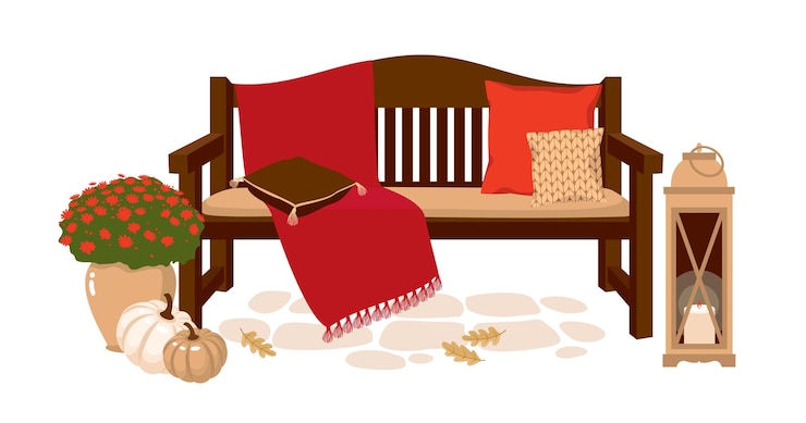 Vector un banco con una manta y almohadas una farola con una vela una maceta de flores vector clipart fondo blanco