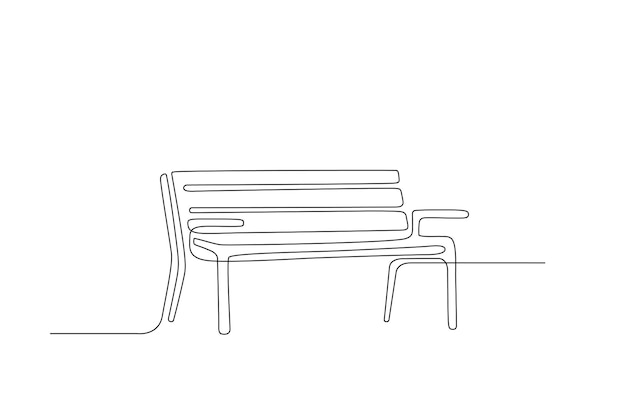 Banco en el parque en estilo de arte en línea continuo dibujo de estilo minimalista de una línea muebles de madera para relajarse al aire libre ilustración de una sola línea en vista en perspectiva contorno dibujado a mano doodle vector