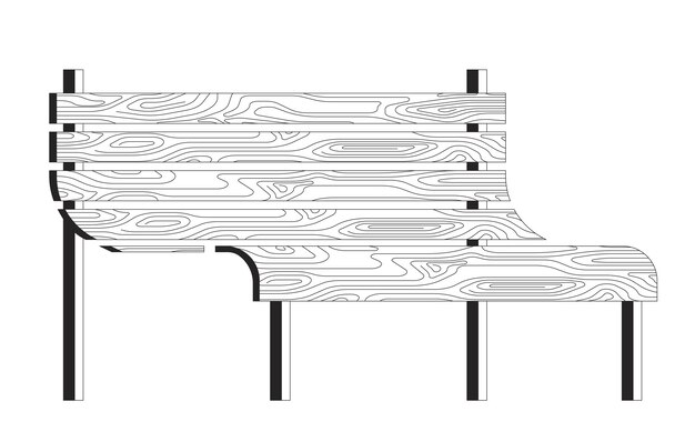 Banco de parque de madera con asiento curvo objeto de línea 2D