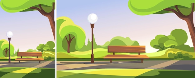 Banco en parque de verano Escena al aire libre en diferentes formatos