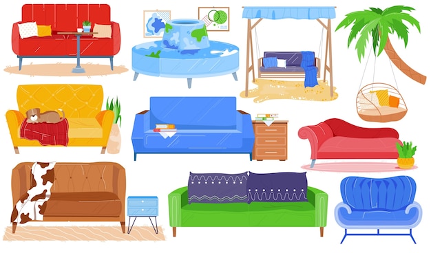 Banco de sillón de sofá, muebles de vector interior de habitación moderna. Colección de muebles de casa de dibujos animados para el apartamento de la sala de estar