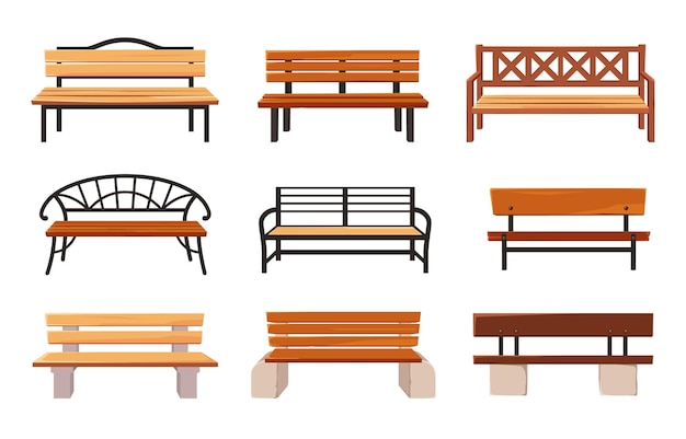 Bancos de dibujos animados Bancos de parque de madera asientos cómodos para jardines públicos y muebles al aire libre conjunto de ilustraciones vectoriales